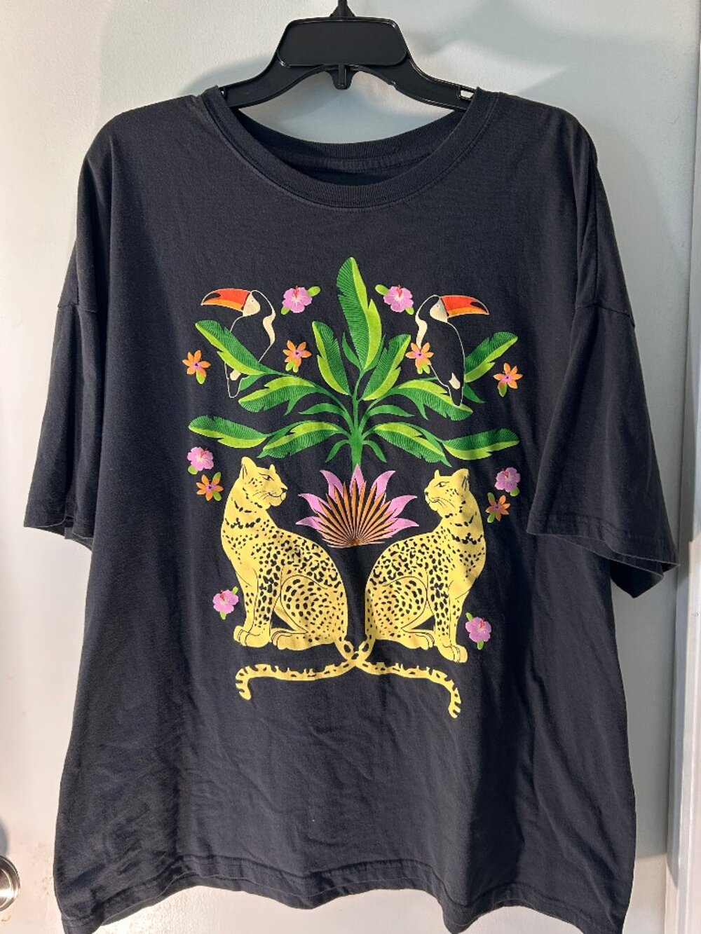 Tropical Leopard and Toucan Graphic Tee - Large - Black
